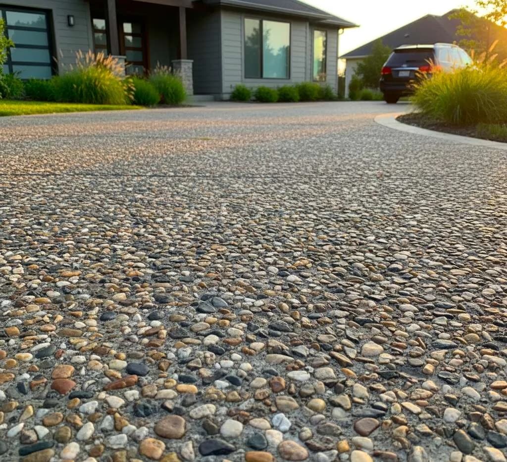 Exposed aggregate concrete driveway in Puyallup, WA with natural stone finish and excellent curb appeal