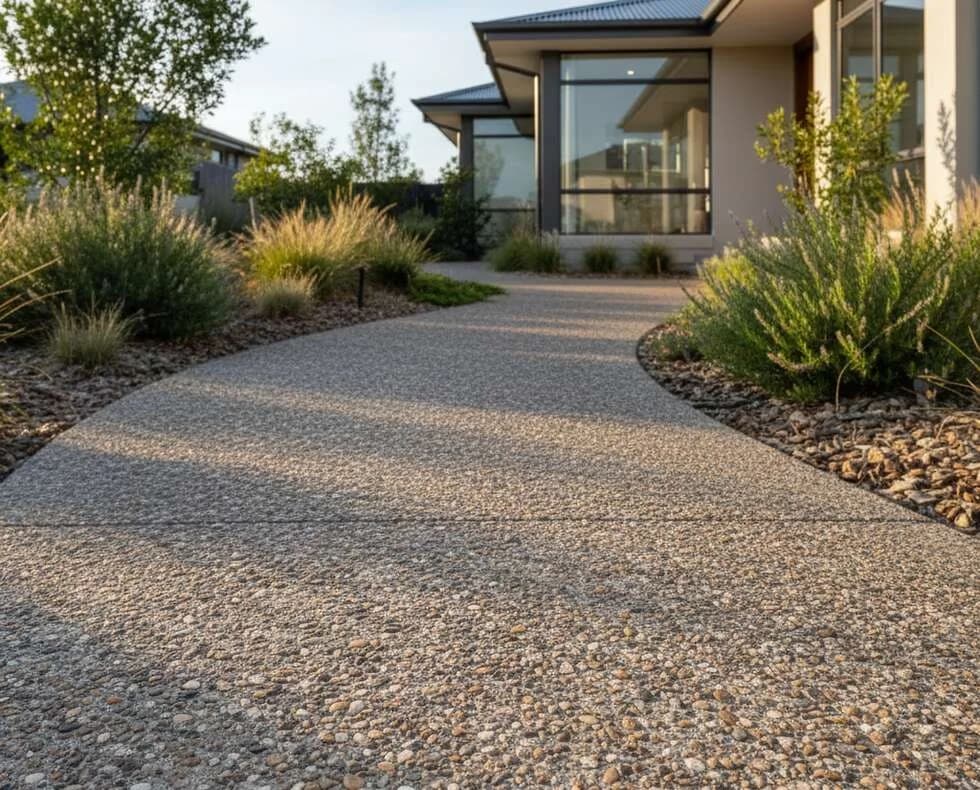 Exposed aggregate concrete walkway in Bellevue, WA showing natural stone path through garden