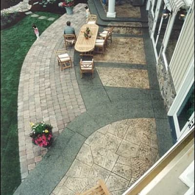 Stamped concrete porch in Puyallup, WA brick pattern with decorative border and textured finish