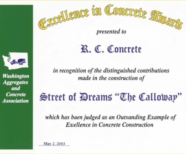 Washington Aggregates and Concrete Association Excellence in Concrete Award certificate, 2003, Street of Dreams - The Calloway