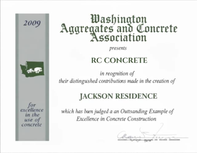 Washington Aggregates and Concrete Association Excellence in Concrete Award certificate, 2009, Jackson Residence