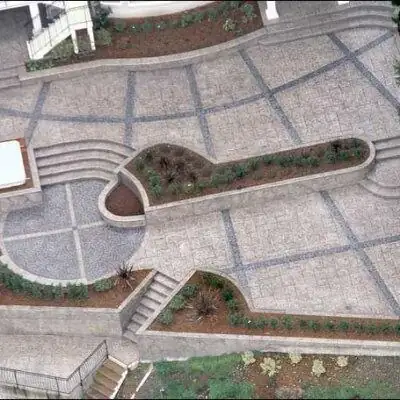 Overhead perspective of the large stamped concrete installation with multiple levels and walkways.