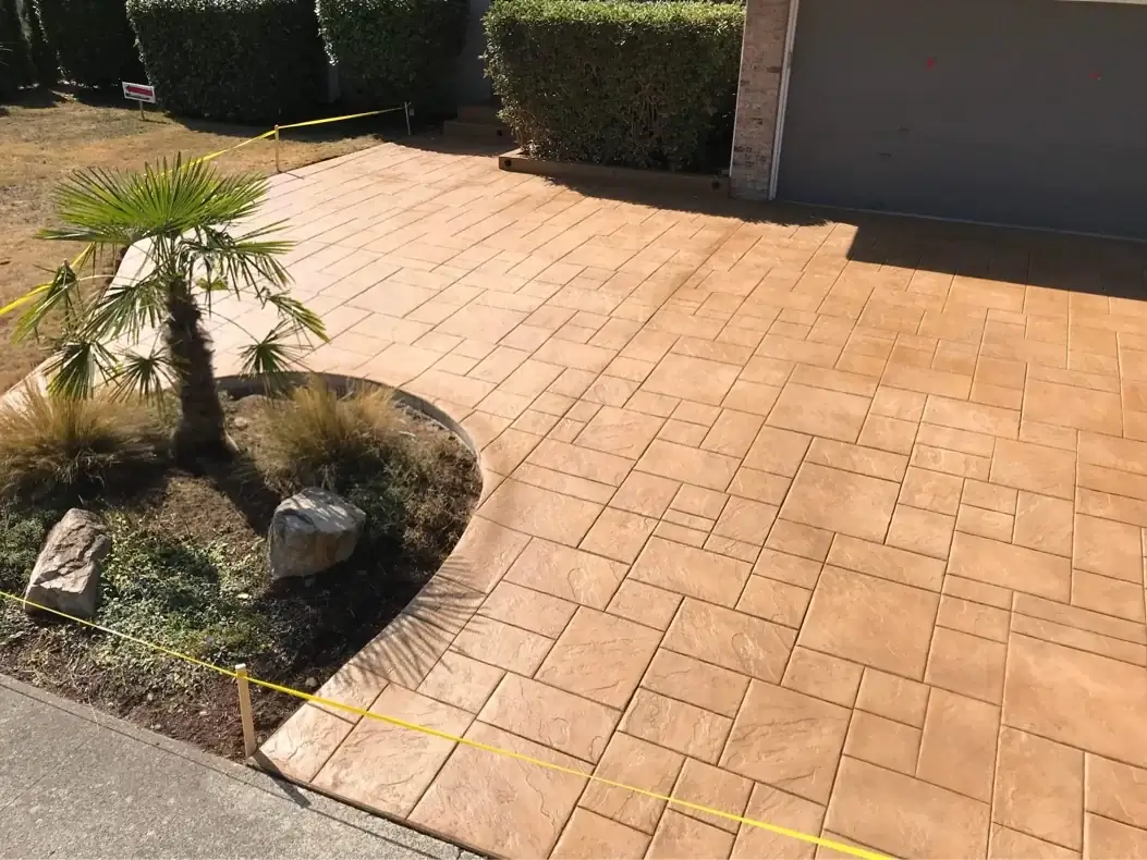 High angle view of the stamped concrete driveway curving around a small palm tree and landscape feature.