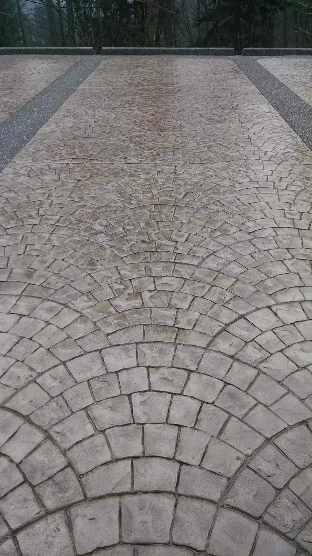 Overhead perspective of the repeating European fan stamped concrete pattern on a newly finished driveway surface.