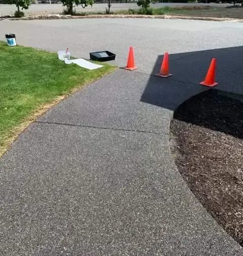 A curved section of an exposed aggregate walkway with fresh edging against a garden bed.