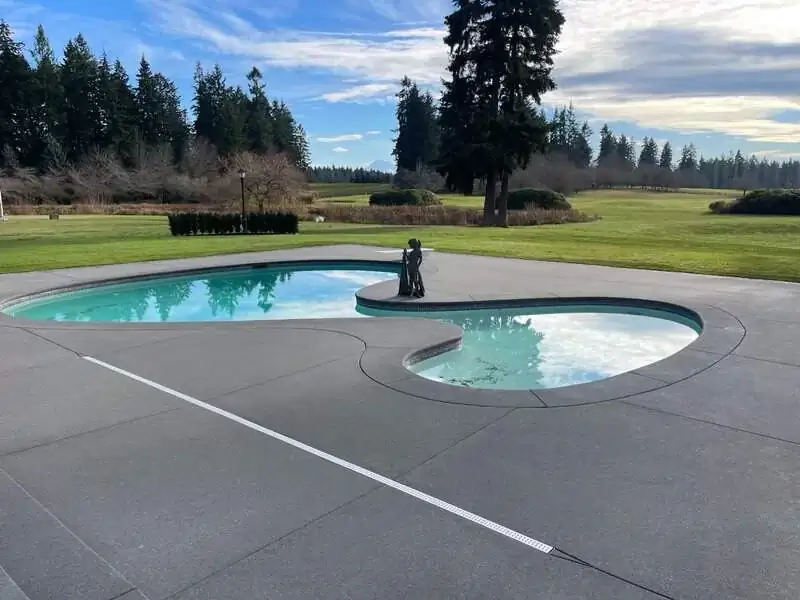 Completed sand finish pool deck in Vashon with a custom freeform shape and an integrated channel drain.