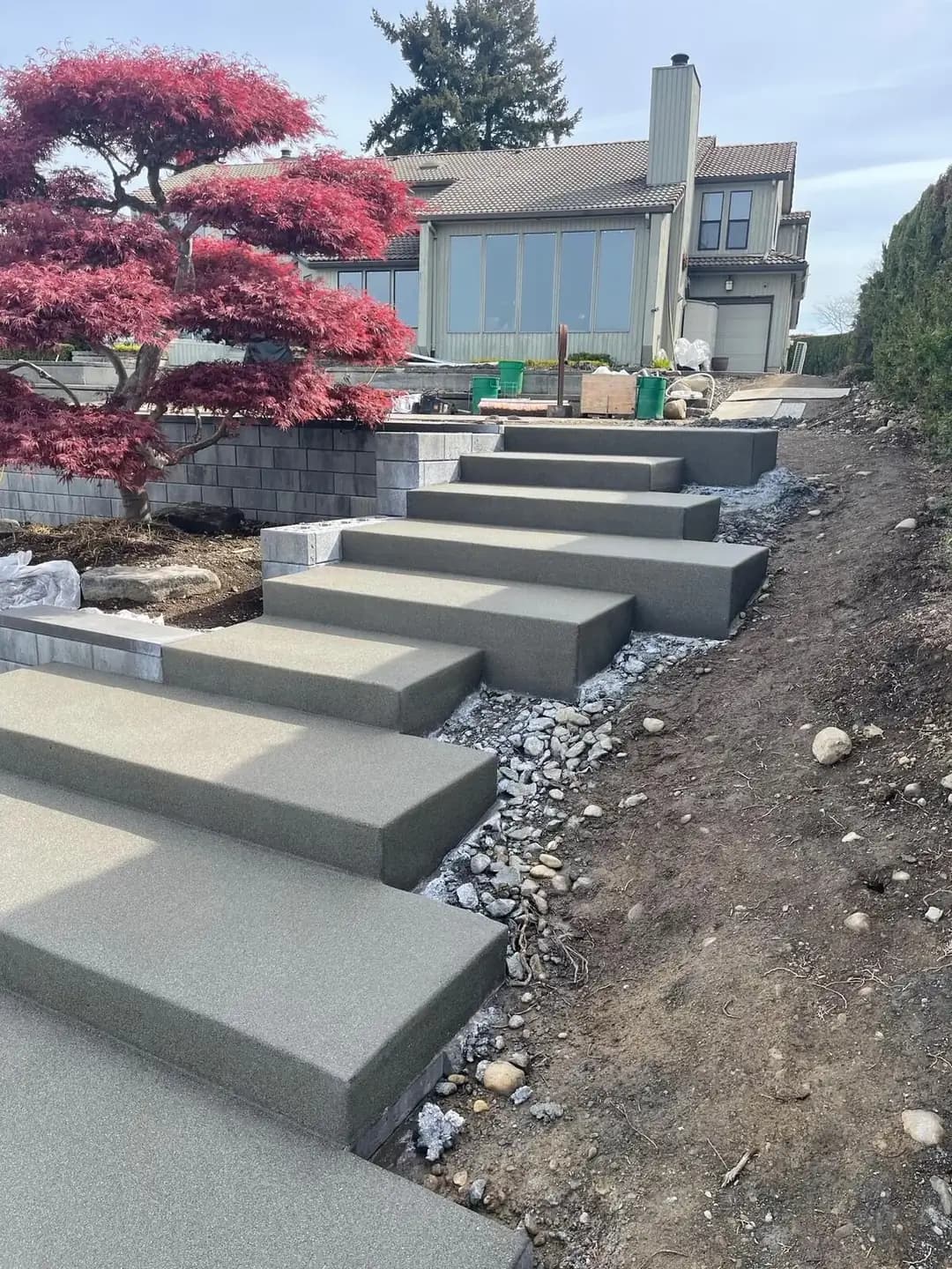 Full view of the descending concrete staircase set into a landscaped slope with a Japanese Maple tree.